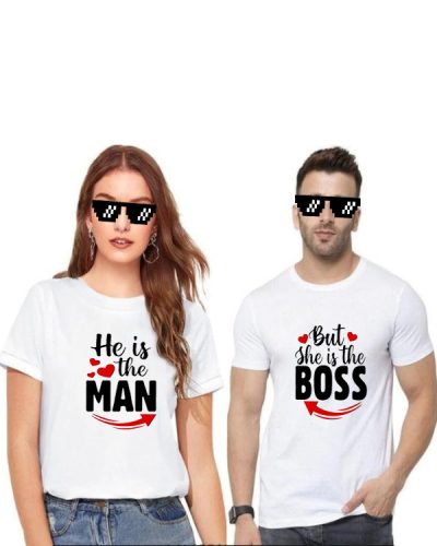 Set tricouri cupluri she is the boss, 100% bumbac, cod produs T24