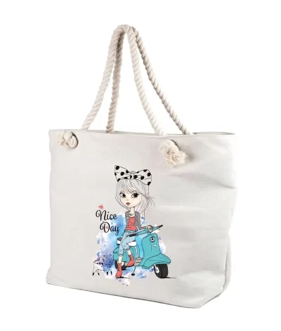 Geanta personalizata femei Nice Day, o fata pe motor cu o pisica, cod GF23