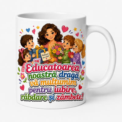 Cana personalizata educatoare cu mesaj de multumire si flori