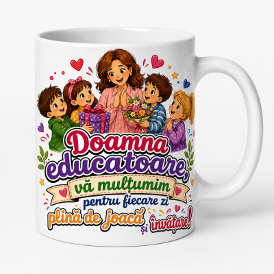 Cana personalizata educatoare cu mesaj de multumire si flori