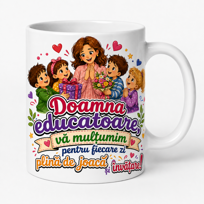 Cana personalizata educatoare cu mesaj de multumire si flori