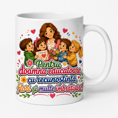 Cana personalizata educatoare cu mesaj de recunostinta si flori delicate