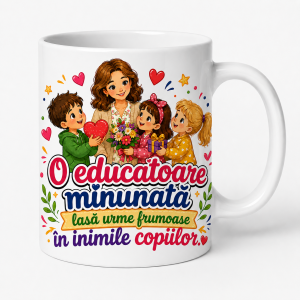 Cana personalizata educatoare cu mesajul O educatoare minunata lasa urme frumoase