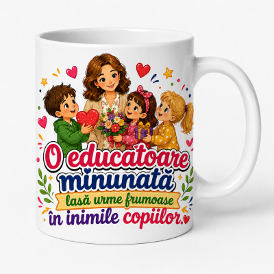 Cana personalizata educatoare cu mesajul O educatoare minunata lasa urme frumoase