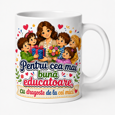 Cana personalizata educatoare cu mesaj de multumire si grafica eleganta