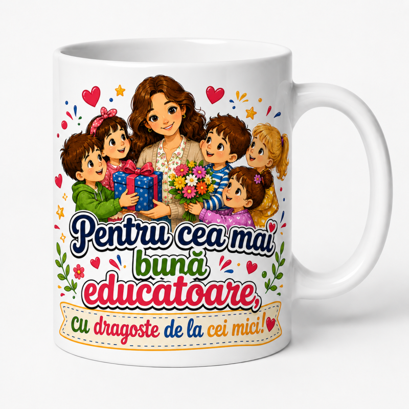 Cana personalizata educatoare cu mesaj de multumire si grafica eleganta