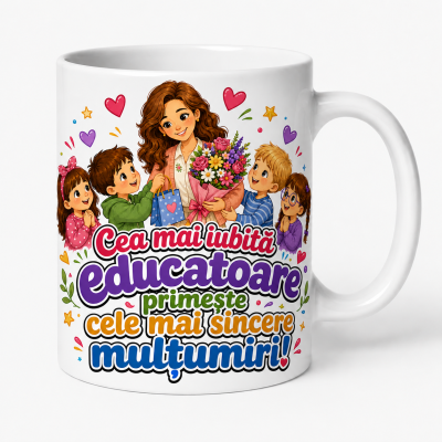 Cana personalizata educatoare cu mesaj de multumire si grafica vesela