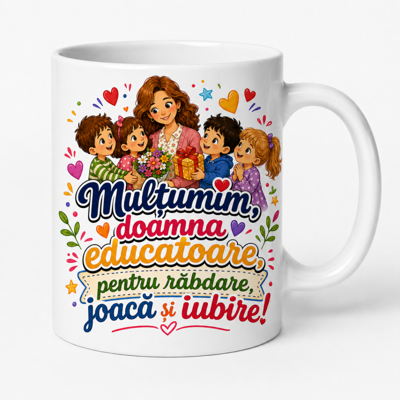 Cana personalizata educatoare cu mesajul multumim doamna educatoare pentru rabdare