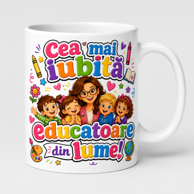 Cana personalizata educatoare cu mesajul cea mai iubita educatoare din lume si design floral