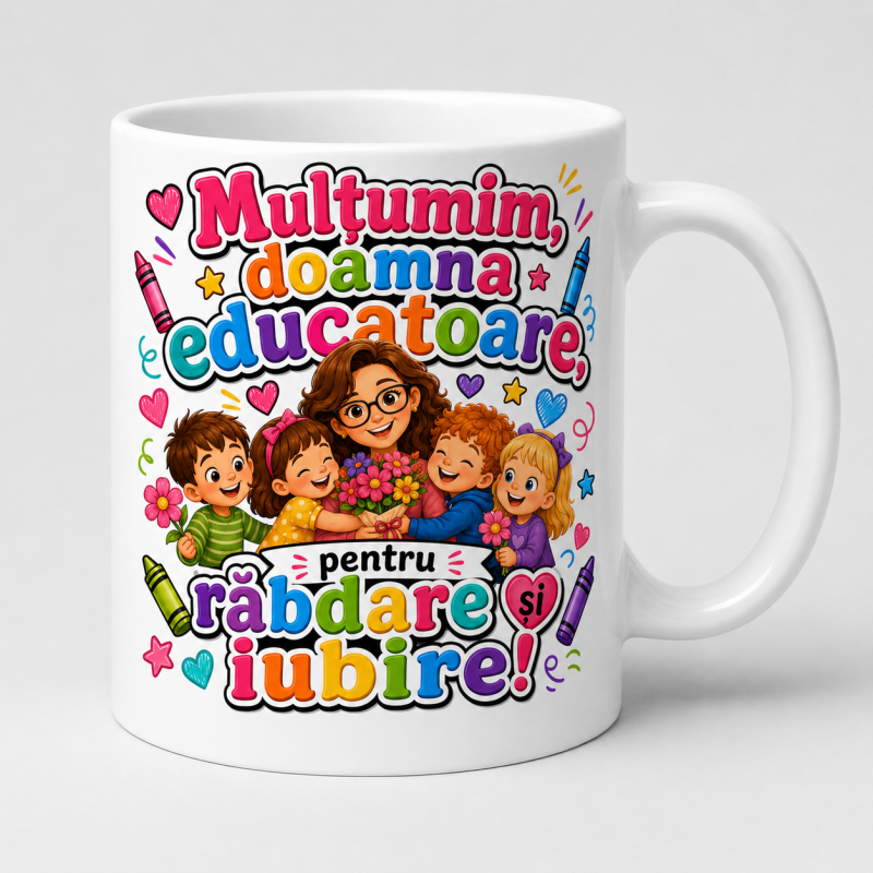 Cana personalizata educatoare cea mai dulce de la pitici cod PRZ-0015-CANAED Cana personalizata educatoare cu mesaj de la pitici si design colorat