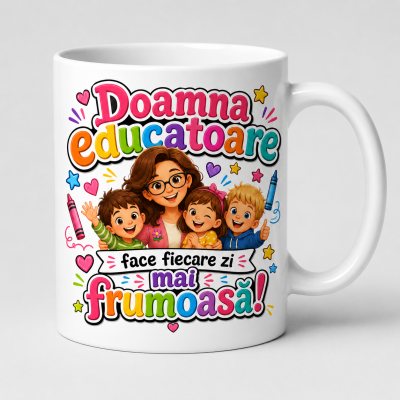 Cana personalizata educatoare cu textul Educatia incepe cu o inima mare