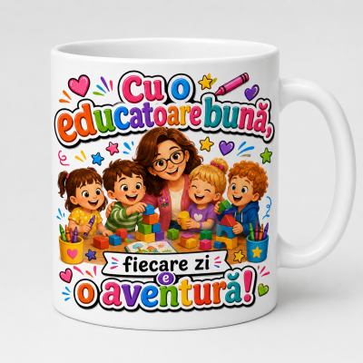 Cana personalizata educatoare cu mesajul Zambet joaca si iubire Multumim