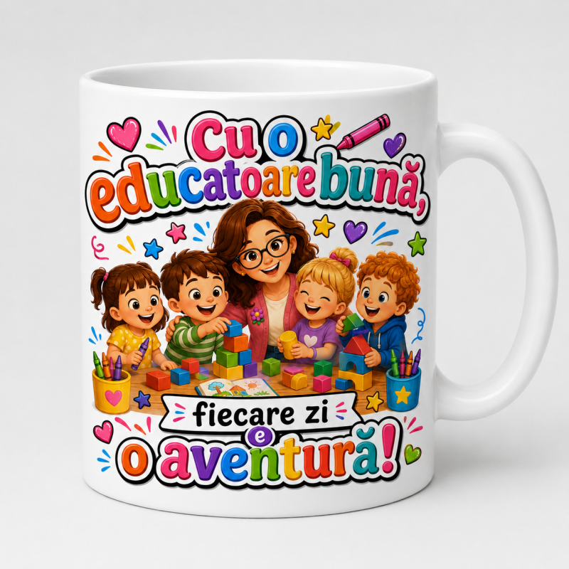 Cana personalizata educatoare zambet joaca si iubire cod PRZ-0017-CANAED Cana personalizata educatoare cu mesajul Zambet joaca si iubire Multumim