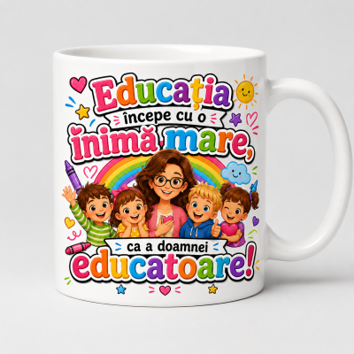 Cana personalizata educatoare cu mesajul Prima iubire a copilariei pe fundal alb