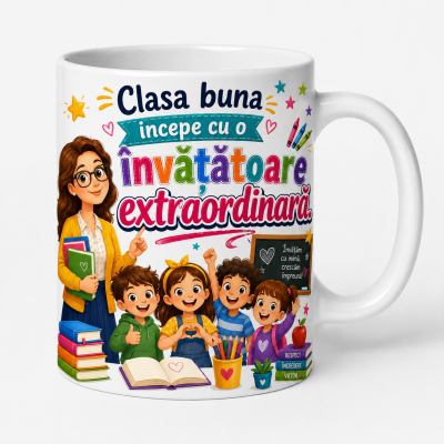 Cana personalizata invatatoare cu mesajul Clasa buna incepe cu o invatatoare extraordinara