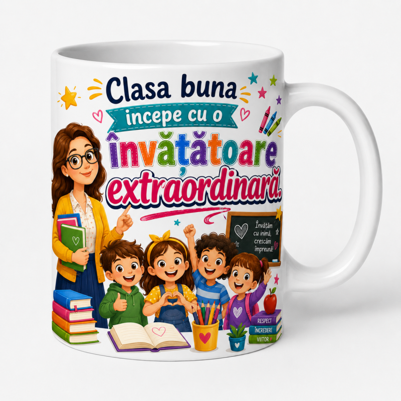 Cana personalizata invatatoare cu mesajul Clasa buna incepe cu o invatatoare extraordinara