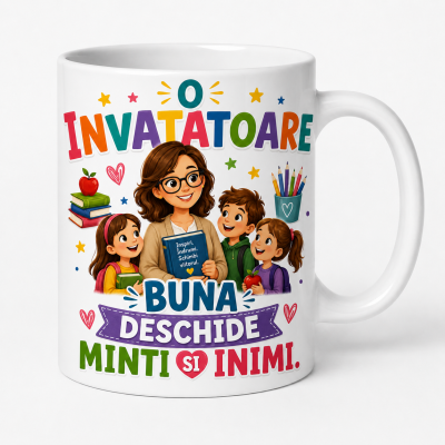 Cana personalizata invatatoare cu textul O invatatoare buna deschide minti si inimi