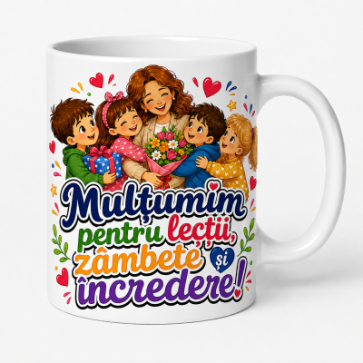 Cana personalizata invatatoare cu mesaj multumim pentru lectii zambete incredere