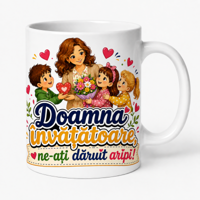 Cana personalizata doamna invatatoare cu mesajul Ne-ati daruit aripi
