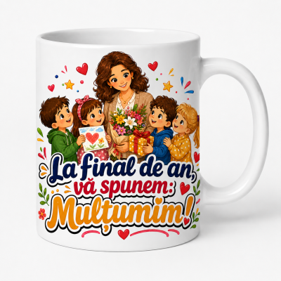 Cana personalizata final de an cu mesaj de multumire pentru invatatoare si elemente grafice colorate
