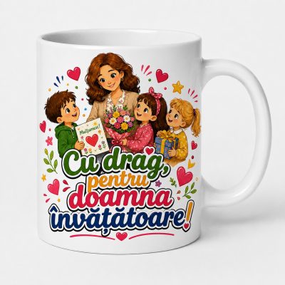Cana personalizata doamna invatatoare cu mesaj de multumire si design floral