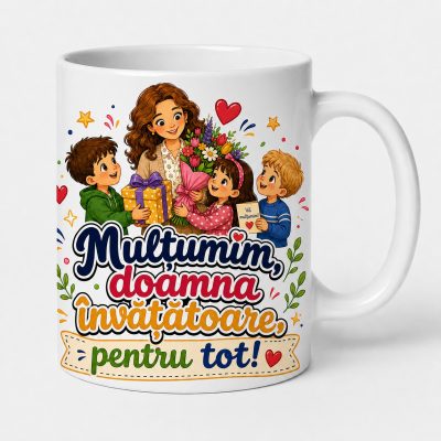 Cana personalizata invatatoare cu mesaj de multumire si flori