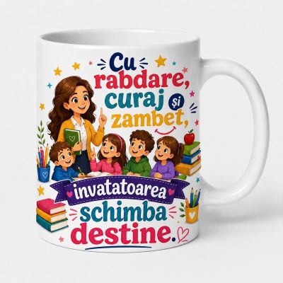 Cana personalizata invatatoare cu mesajul rabdare curaj zambet destine