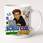 Cana personalizata itisti cu textul Scriu cod construiesc viitorul pe fundal alb