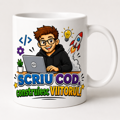 Cana personalizata itisti cu textul Scriu cod construiesc viitorul pe fundal alb