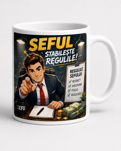 Cana personalizata seful stabileste regulile alba din ceramica cu mesaj amuzant
