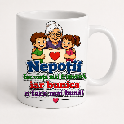 Cana personalizata bunici cu textul Nepotii fac viata mai frumoasa