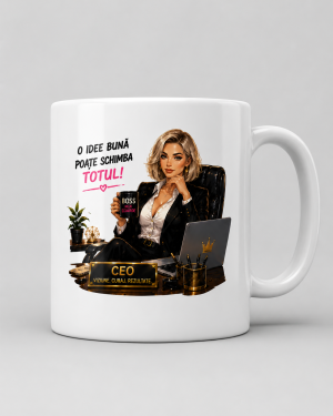 Cana personalizata sefa cu text despre idei geniale de la Panda Roz