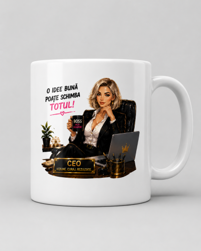 Cana personalizata sefa cu text despre idei geniale de la Panda Roz