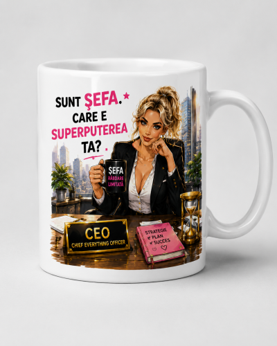 Cana personalizata sefa cu mesaj despre superputeri si design atractiv