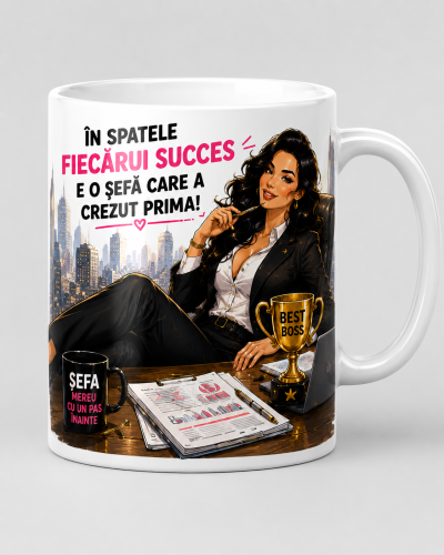 Cana personalizata sefa de succes cu mesaj motivational pentru birou