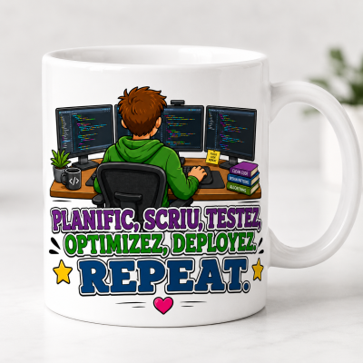 Cana personalizata programatori cu textul Planific scriu testez deployez