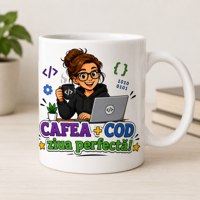 Cana personalizata programator cu design cod sursa si cafea Cod Ziua Perfecta