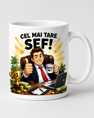 Cana cel mai tare sef din ceramica alba cu mesaj de apreciere pentru birou