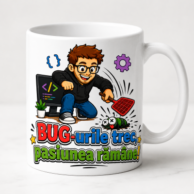 Cana personalizata programatori cu mesajul Bug-urile trec pasiunea ramane pe fundal alb
