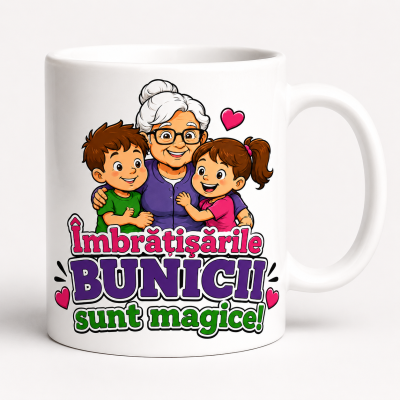 Cana personalizata bunici cu mesajul Imbratisarile bunicii sunt magice