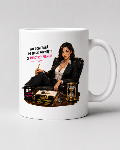 Cana personalizata sefa cu mesaj motivational si design elegant