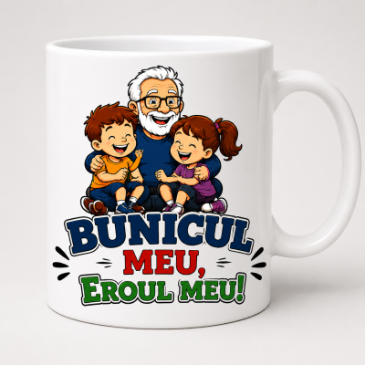 Cana personalizata bunicul meu eroul meu cu design grafic si text pentru bunic