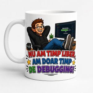 Cana personalizata it-ist cu mesaj amuzant despre timpul de debugging