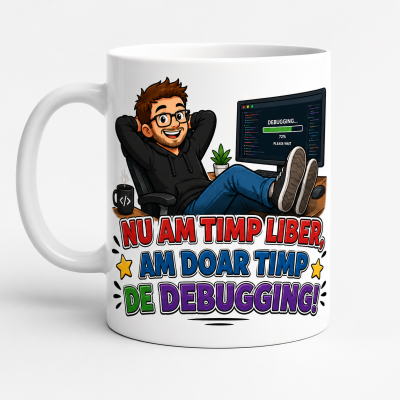 Cana personalizata it-ist cu mesaj amuzant despre timpul de debugging