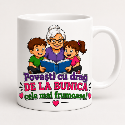 Cana personalizata bunica cu textul Povesti cu drag de la bunica