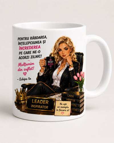 Cana personalizata sefa cu mesajul Multumim pentru rabdare, produs Panda Roz
