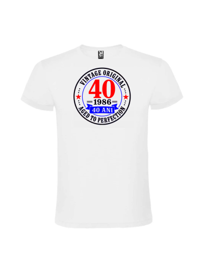 Tricou cadou 40 ani vintage 1986 personalizat cu design retro pe fundal alb