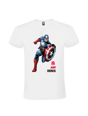 Tricou personalizat Capitan America copii cu nume si varsta din colectia de supereroi Panda Roz