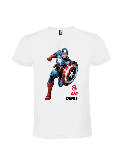 Tricou personalizat Capitan America copii cu nume si varsta din colectia de supereroi Panda Roz