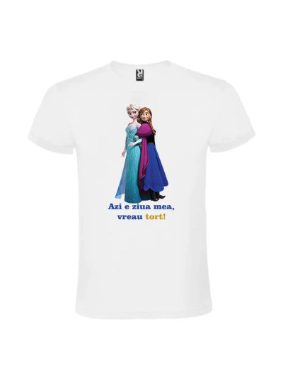 Tricou personalizat aniversare Ana si Elsa cu imprimeu colorat pentru copii